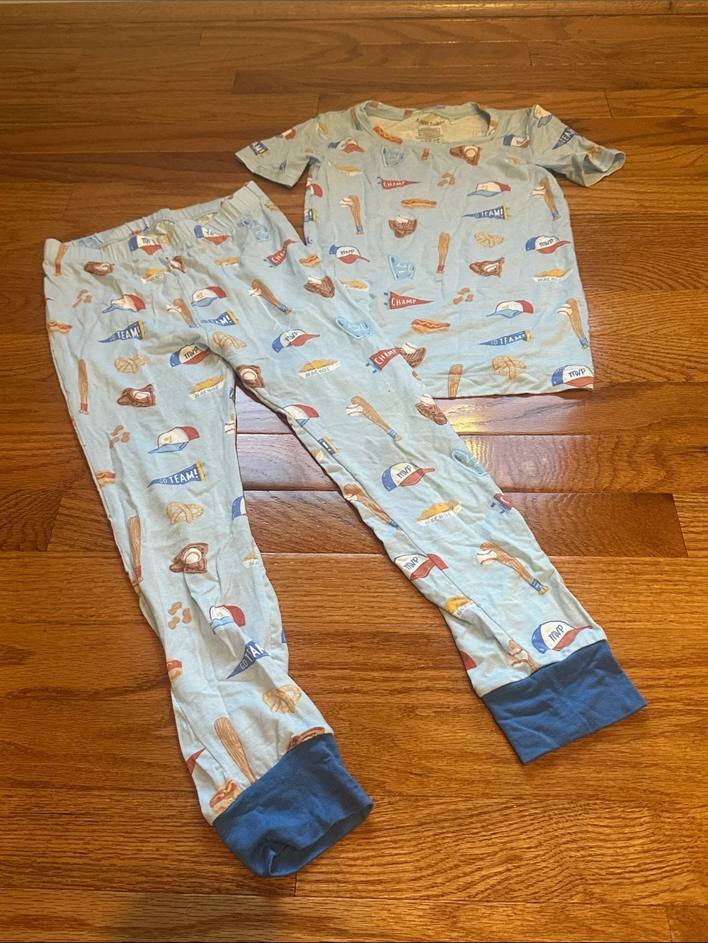 Angel Dear Light Blue Baseball-Print Pajama Set with Navy Cuffs